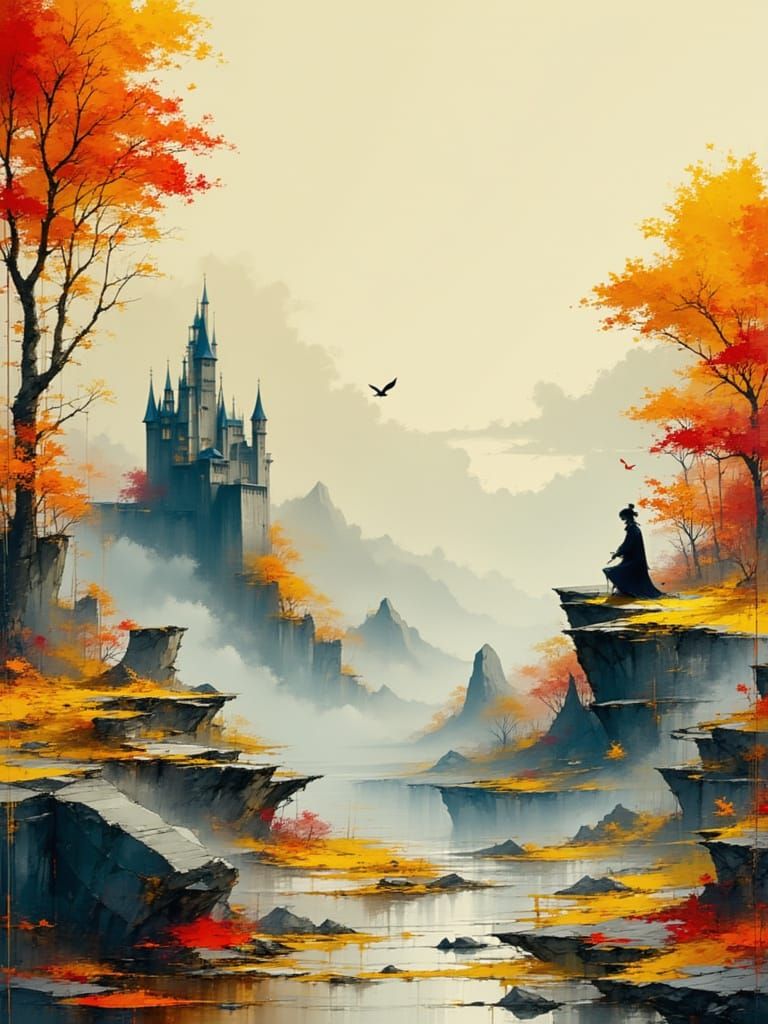 Autumn Castle Landscape in Whimsical Digital Art Style