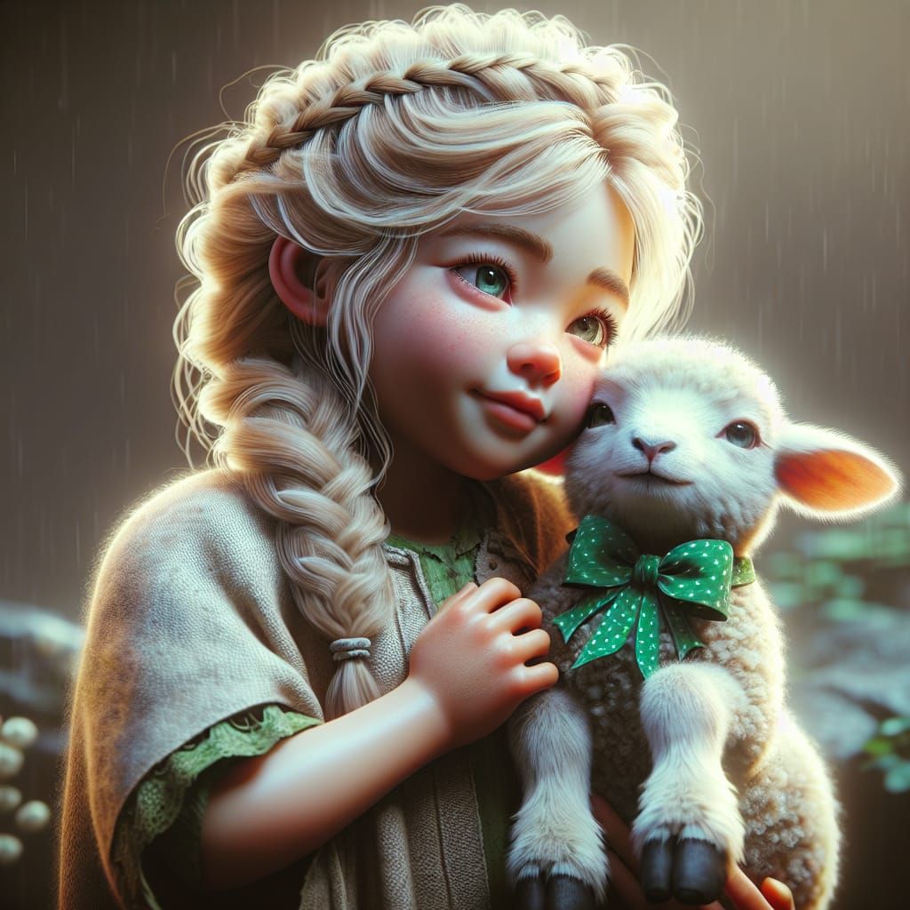 Girl with Lamb: Hyperrealistic Fantasy Concept Art