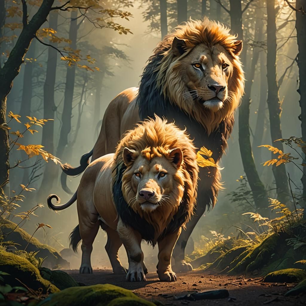 Pig-Lion Hybrid in Misty Forest, Anime-Inspired