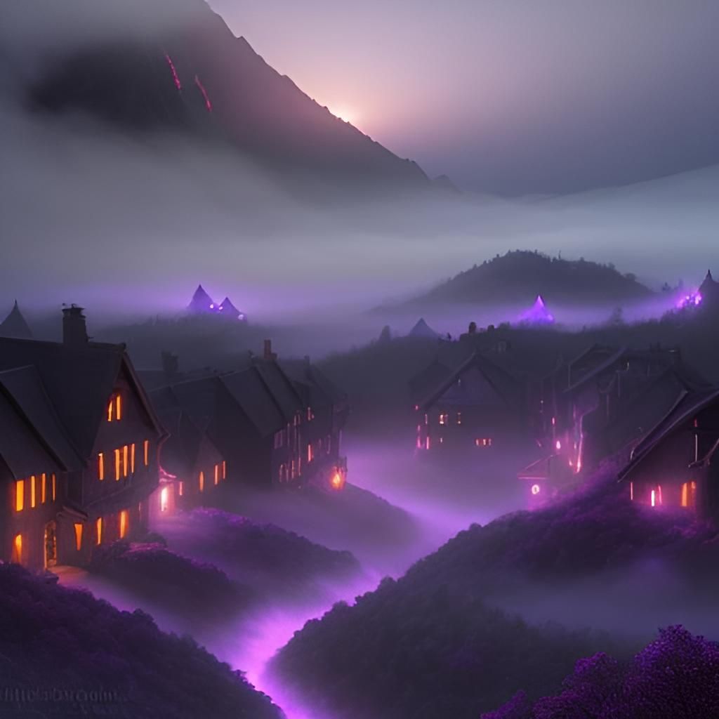 Purple Fireball Illuminates Misty Village