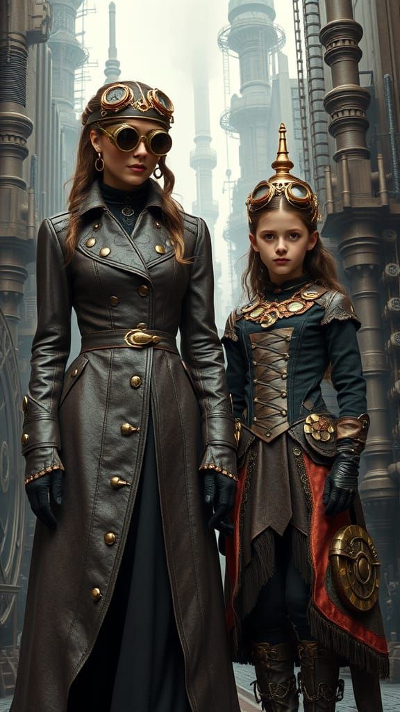 Steampunk Mother and Daughter in Metropolis, Hyperdetailed 8...