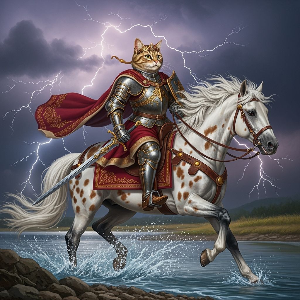 Cat Knight Rides Horse Through Lightning Storm