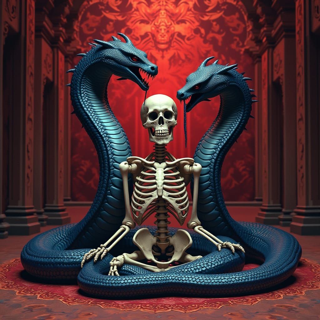 Cobras Entwined with Skeleton in Fractal Foyer
