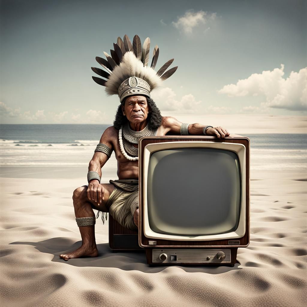 Maori Chief on Broken TV: Vintage Photograph