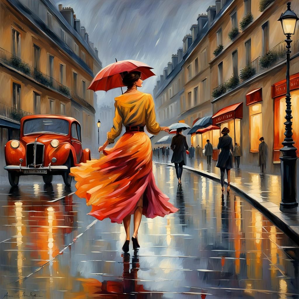 Parisian Model in Rain, Detailed Matte Painting