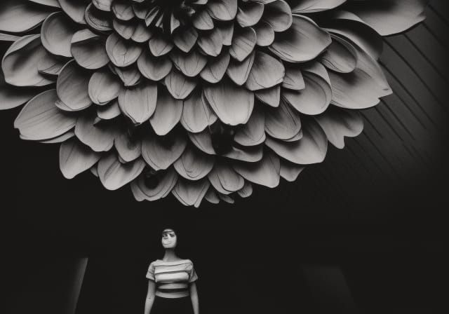 Surreal Woman with Giant Flower Head in Building