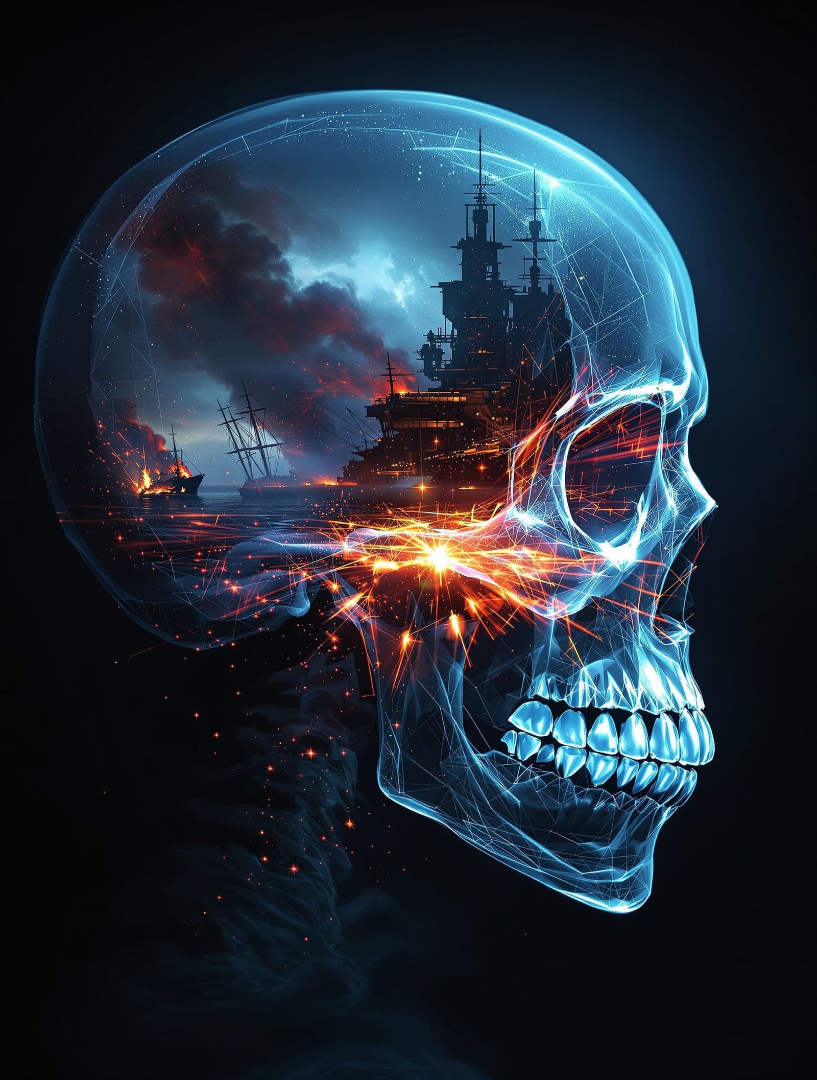 Skull with Pearl Harbor Battle, Digital Art