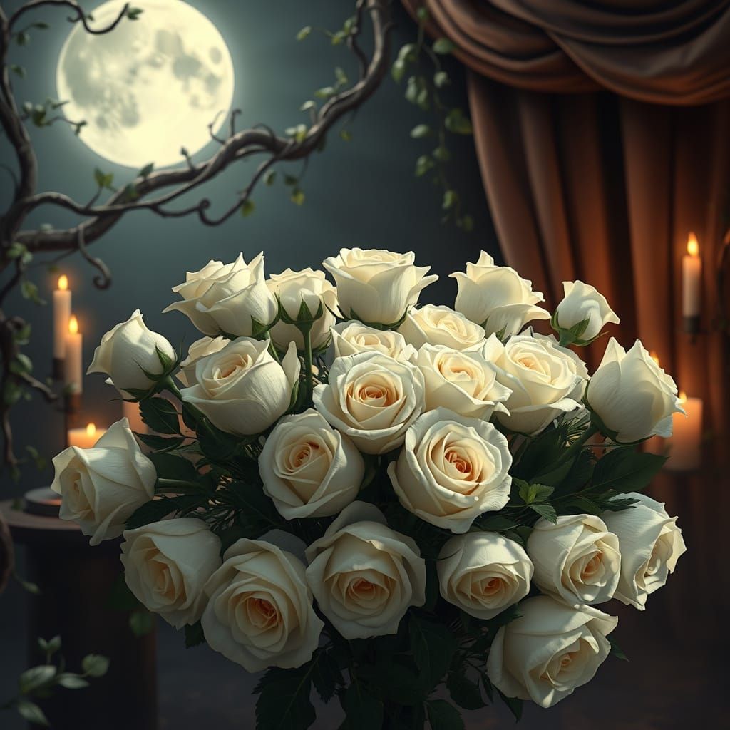 Romantic White Roses in a Whimsical Moonlit Setting