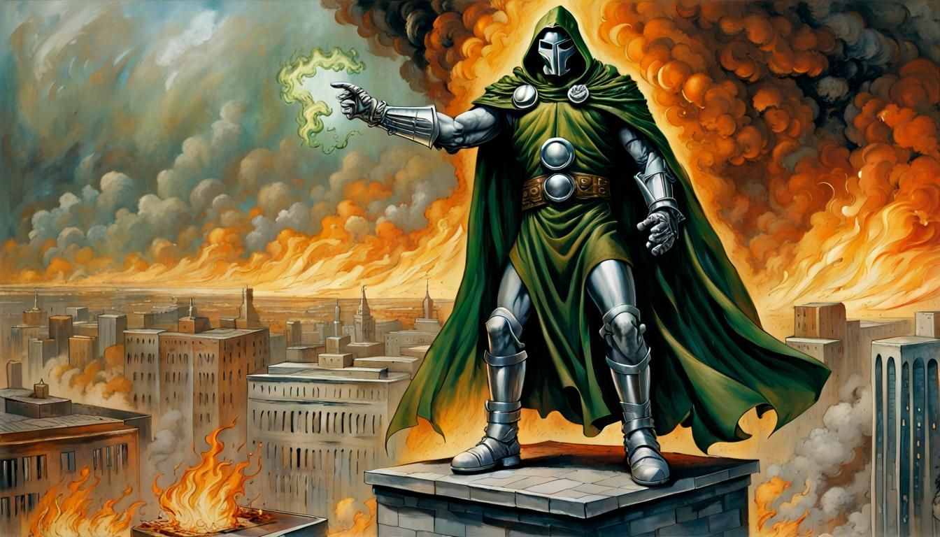 Doctor Doom in Burning City, Luis Royo Style