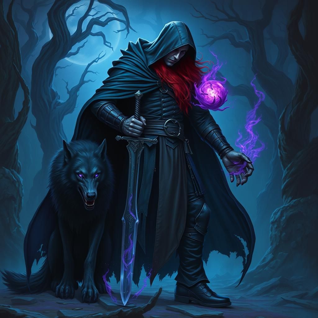 Vampire Warrior with Wolf in Dark Forest