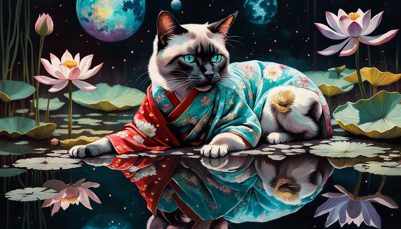 Geisha Siamese Cat Reflecting in Lotus Pond