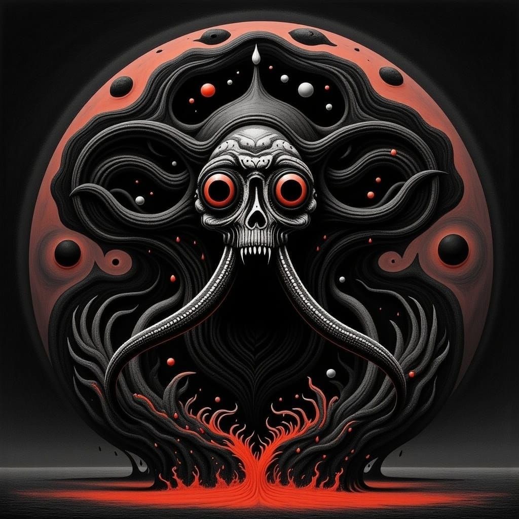 Demonic Black Mammoth with Tusks in Dark Fantasy Style