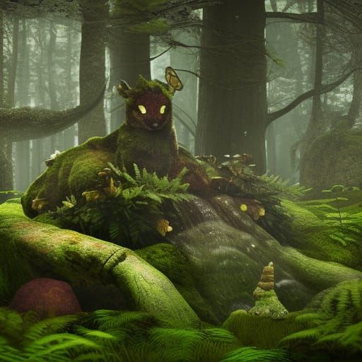 Mystical Mossy Animal Statue in Fantasy Forest