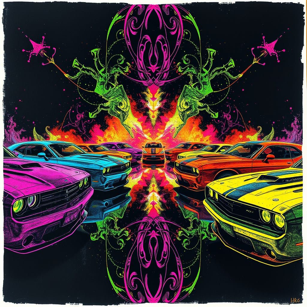 Kaleidoscopic Neon Muscle Car Art