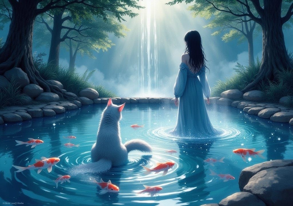 Ethereal Anime Cat Girl at Koi Pond