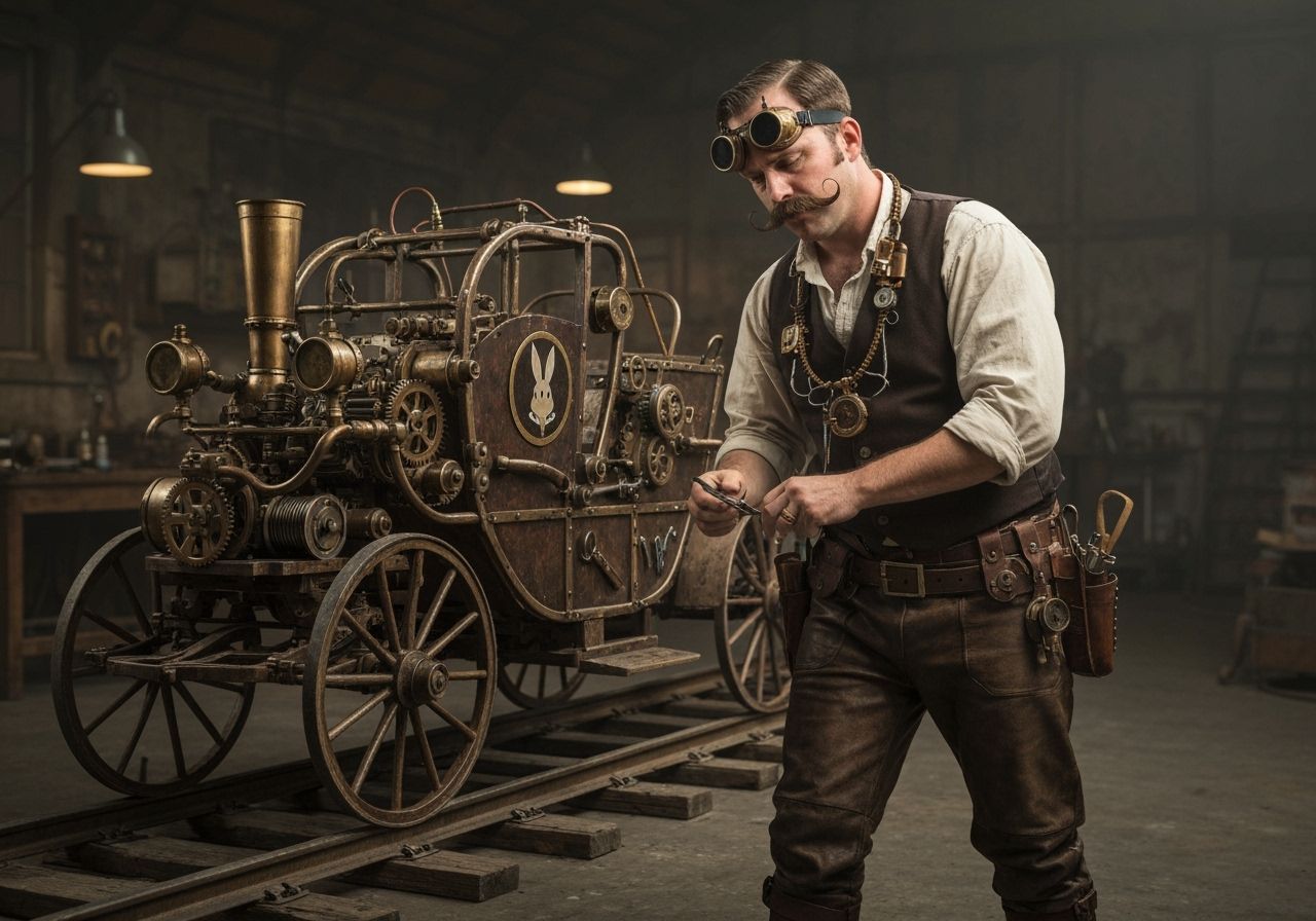 Steampunk Inventor Works on Motorized Carriage