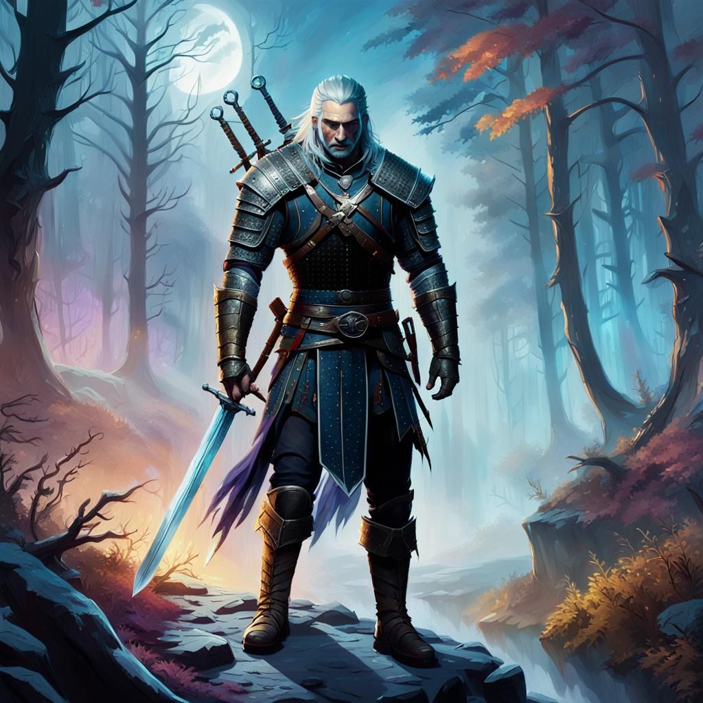 Heroic Witcher in Misty, Moonlit Forest with Glowing Sword