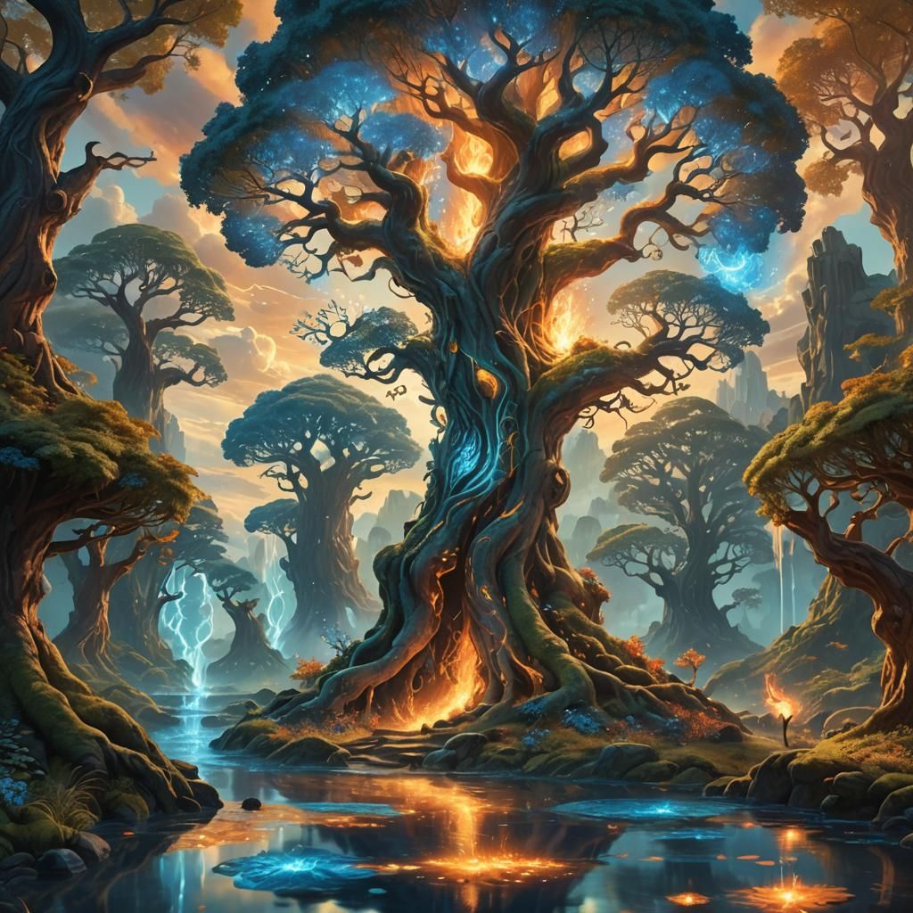 Elemental Spirits Dance in Elf Forest: Digital Matte Paintin...