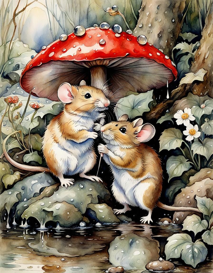 Mouse Couple Sheltering from Rain, Watercolor Illustration