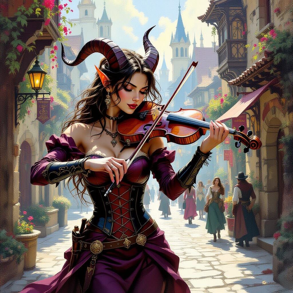 Tiefling Violinist in Fantasy Town Oil Painting