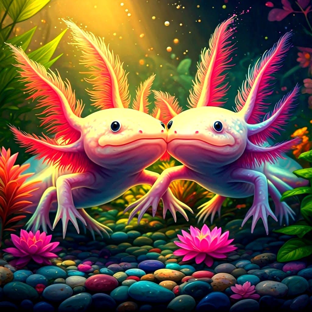 Ultrahyperrealistic Rainbow Axolotls with Vibrant Feathers