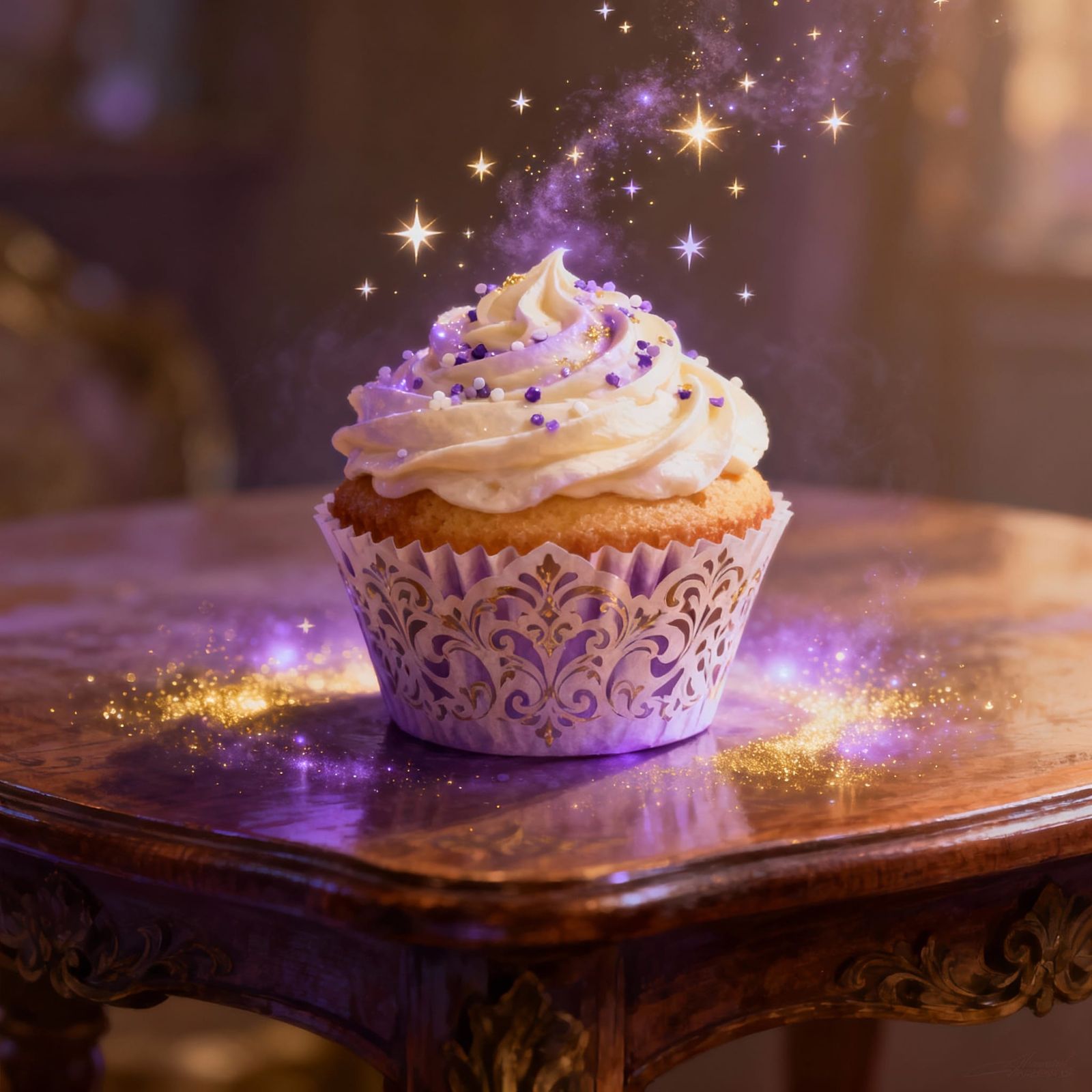 Magical Cupcake on Antique Table with Lilac Glow