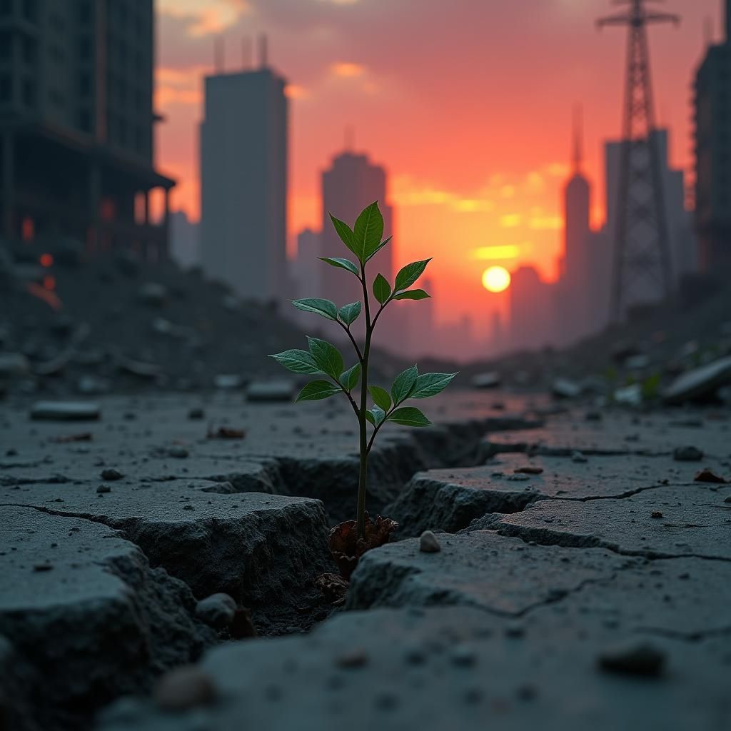 Resilient Sapling in Post-Apocalyptic Cyberpunk Metropolis