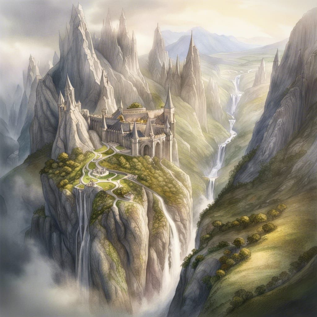Rivendell-Inspired Mountainscape in Watercolor