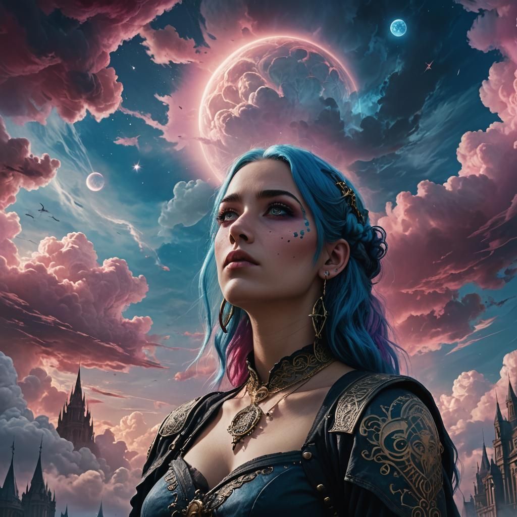Gothic Woman with Blue Hair in Celestial Sky