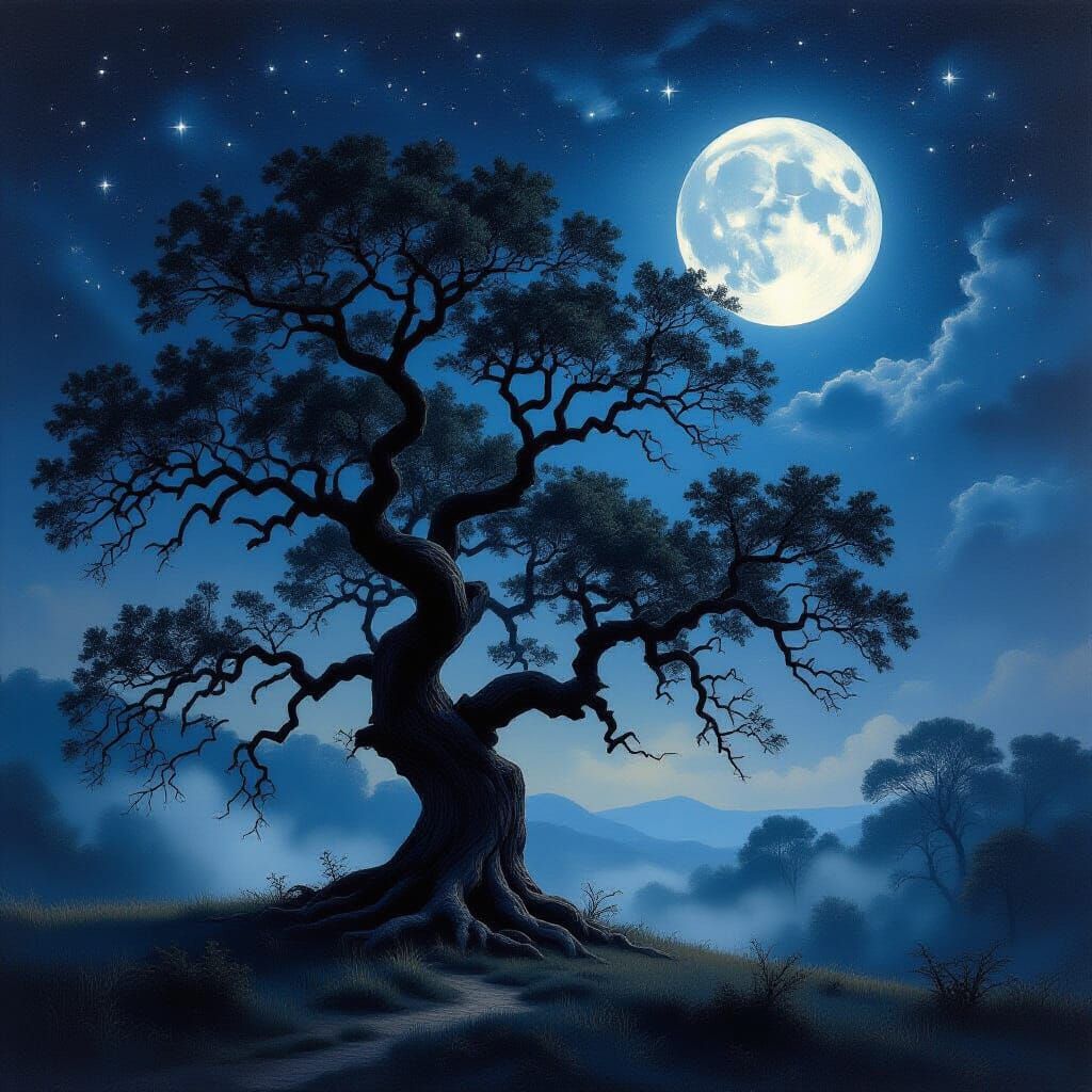 Lone Oak Under Starry Midnight Sky