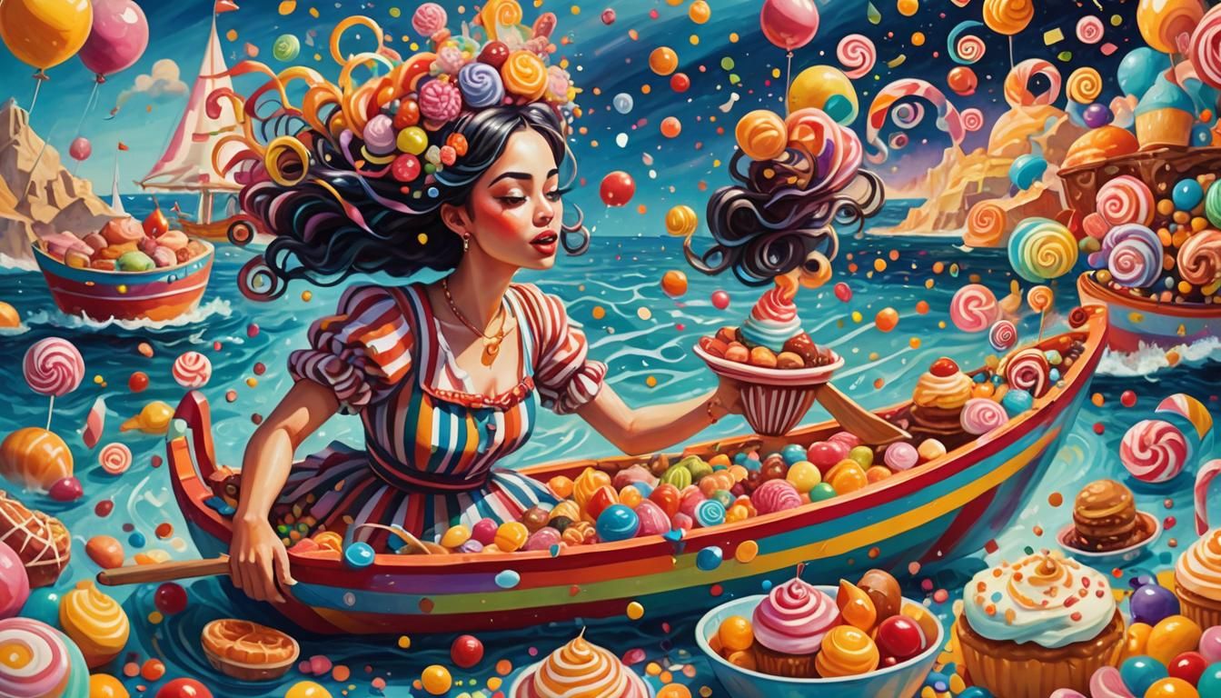 Surreal Fantasy Ocean With Woman in Boat, as Oil Painting