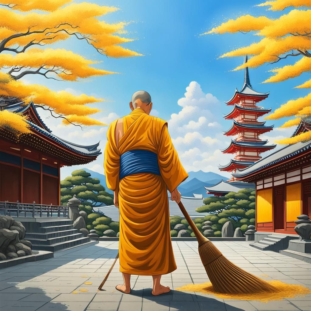Happy Buddhist Monk Sweeping Money in Japan