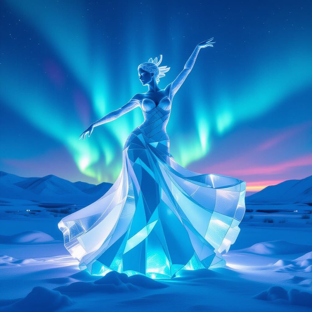 Ice Sculpture of Dancing Woman Under Aurora Borealis