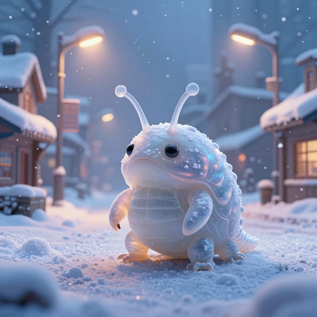 Giant Tardigrade in Snowy Cyberpunk Cityscape