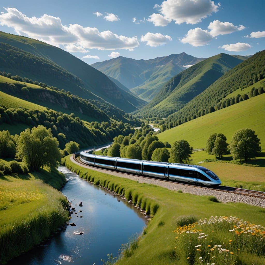 Sleek Solar-Powered Train in a Sunlit Valley Landscape