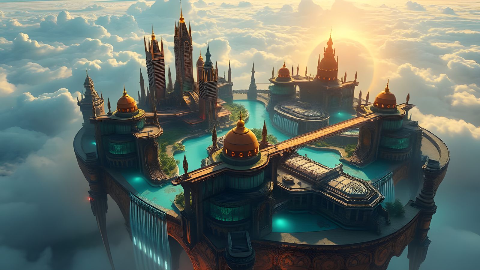 A vast, floating island city, suspended high in the sky, sur...