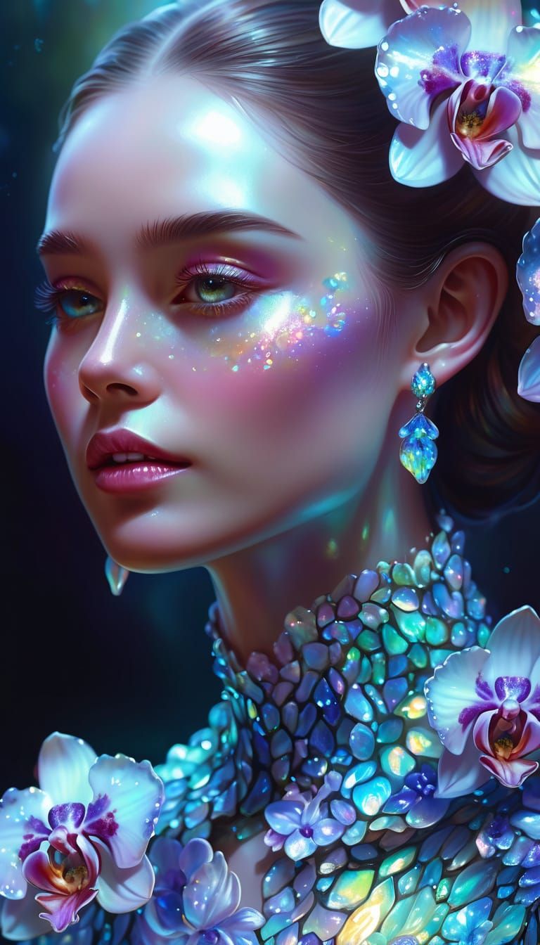 Woman in Opulent Opal and Orchid Gown