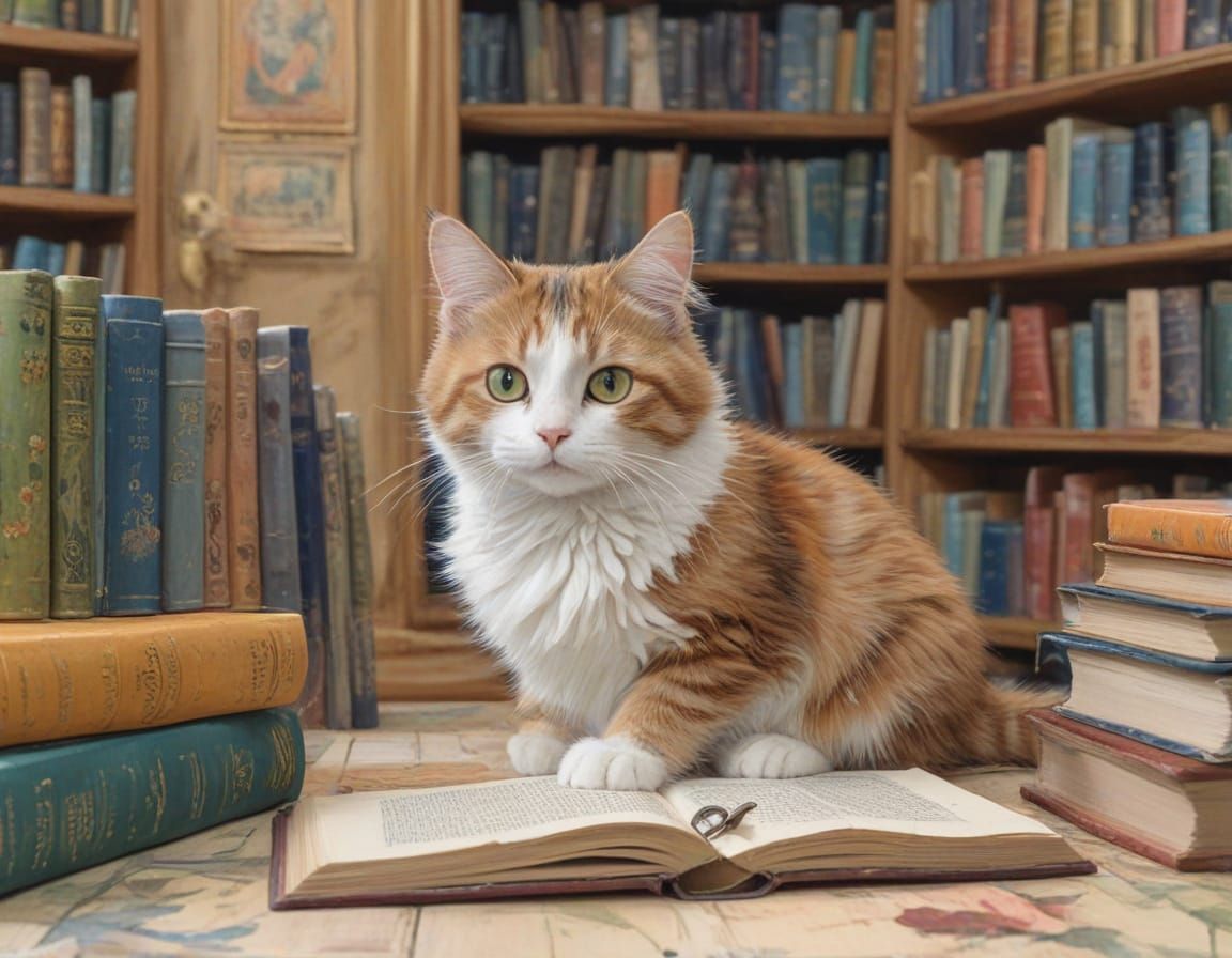 Magical Whimsical Cat in Enchanted Library