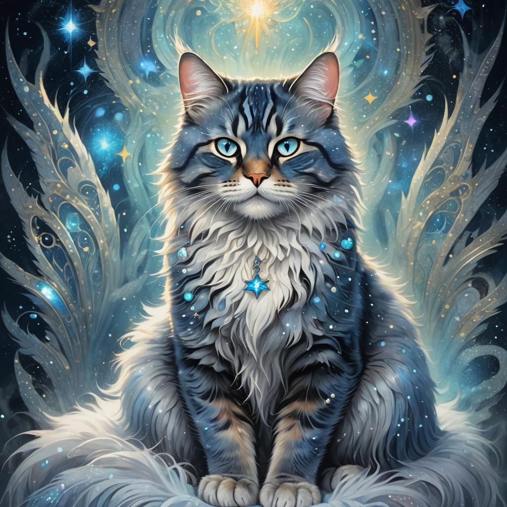 Blue Star Cat on Iridescent Throne: Digital Portrait
