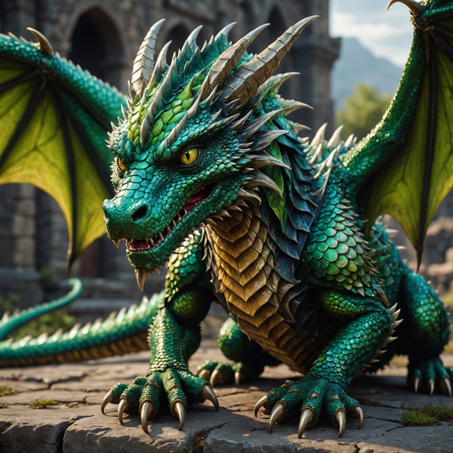 Realistic Green Dragon Portrait in Dark Fantasy Style