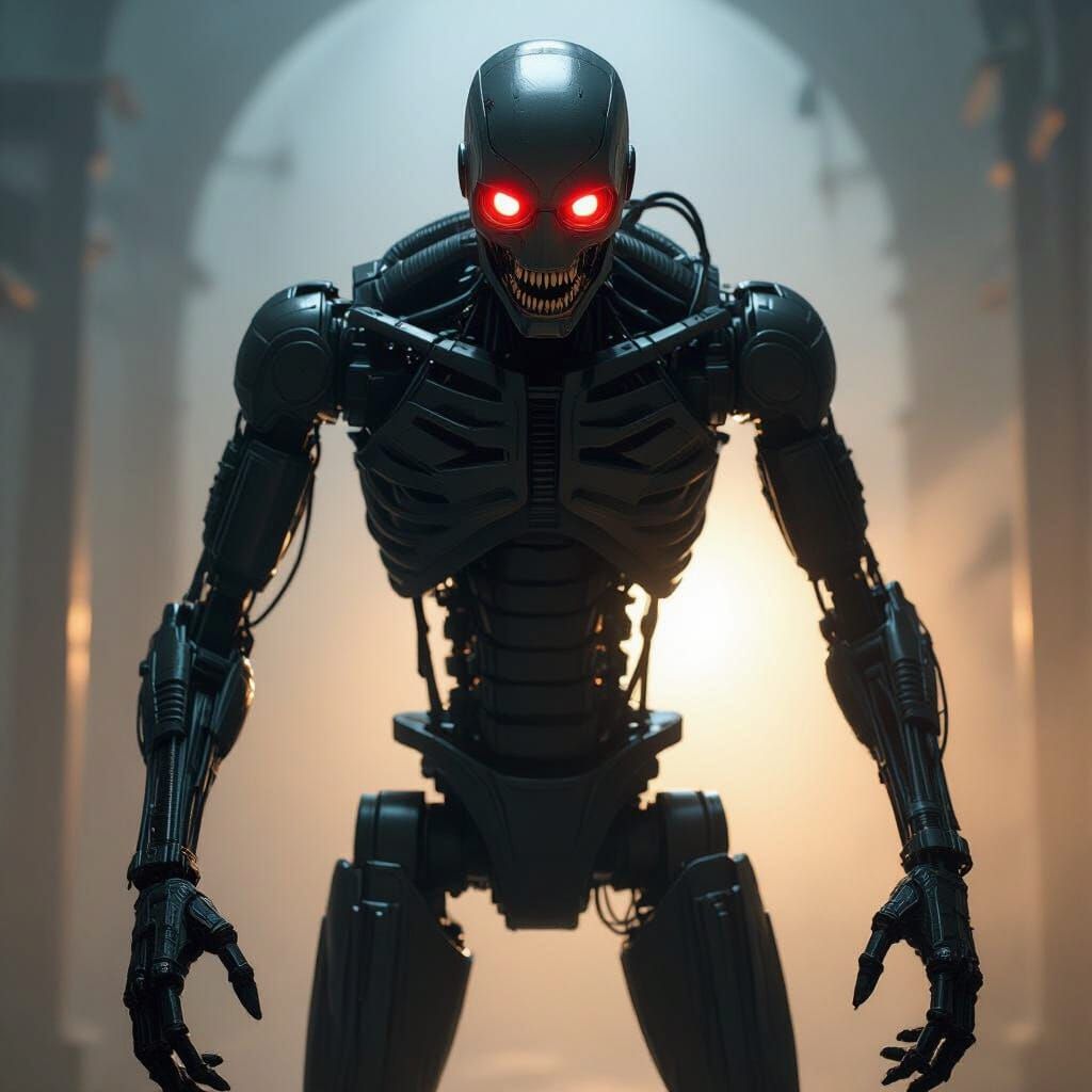 Menacing Animatronic Figure with Glowing Red Eyes