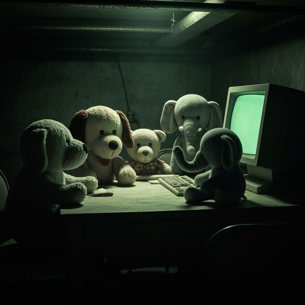 Stuffed Animals' Secret Meeting in Grimy Basement