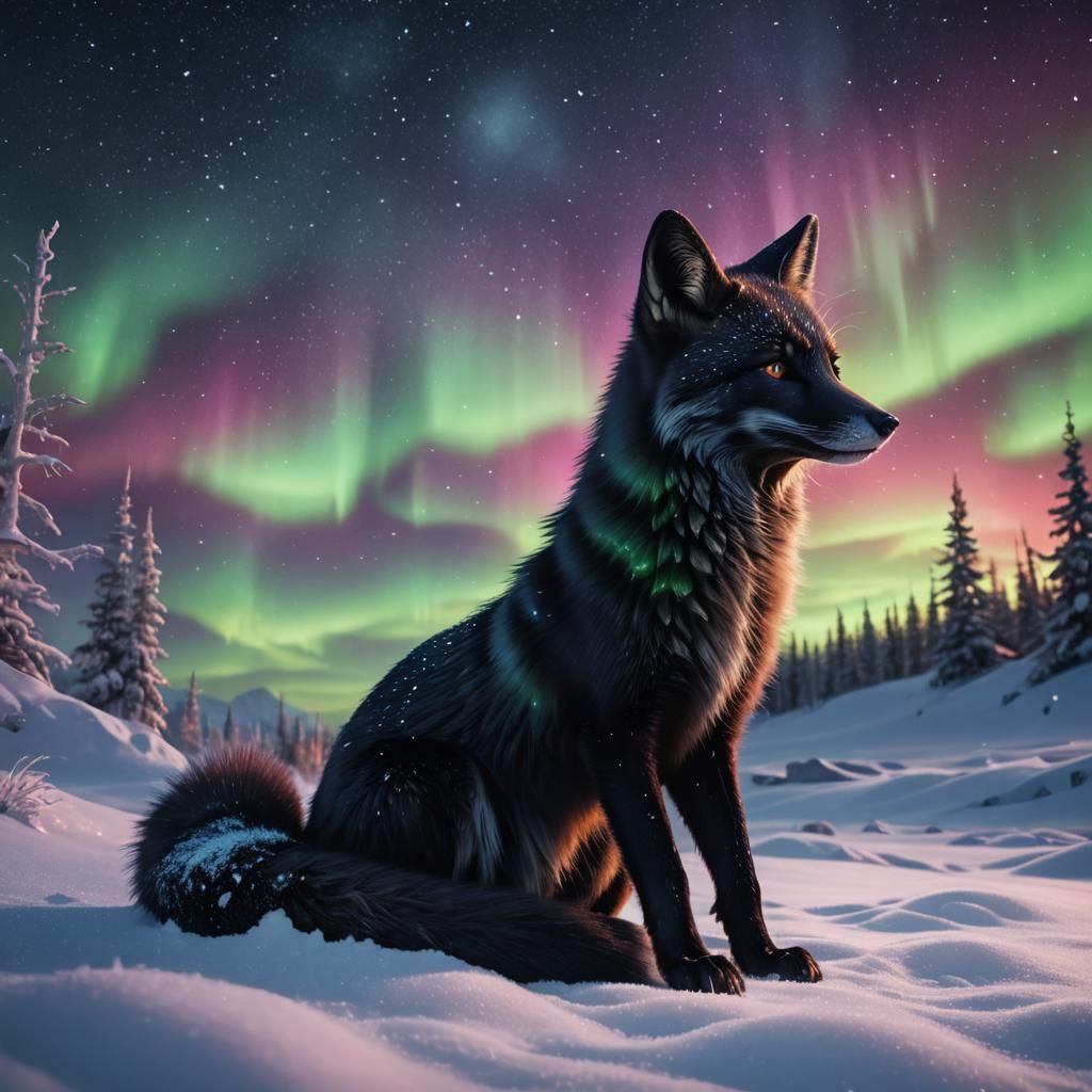 Black Fox Under Northern Lights: Digital Matte Painting