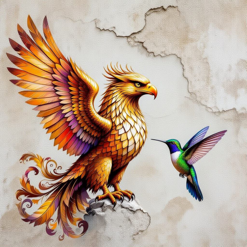 Griffin and Hummingbird Mural in Airbrush Style