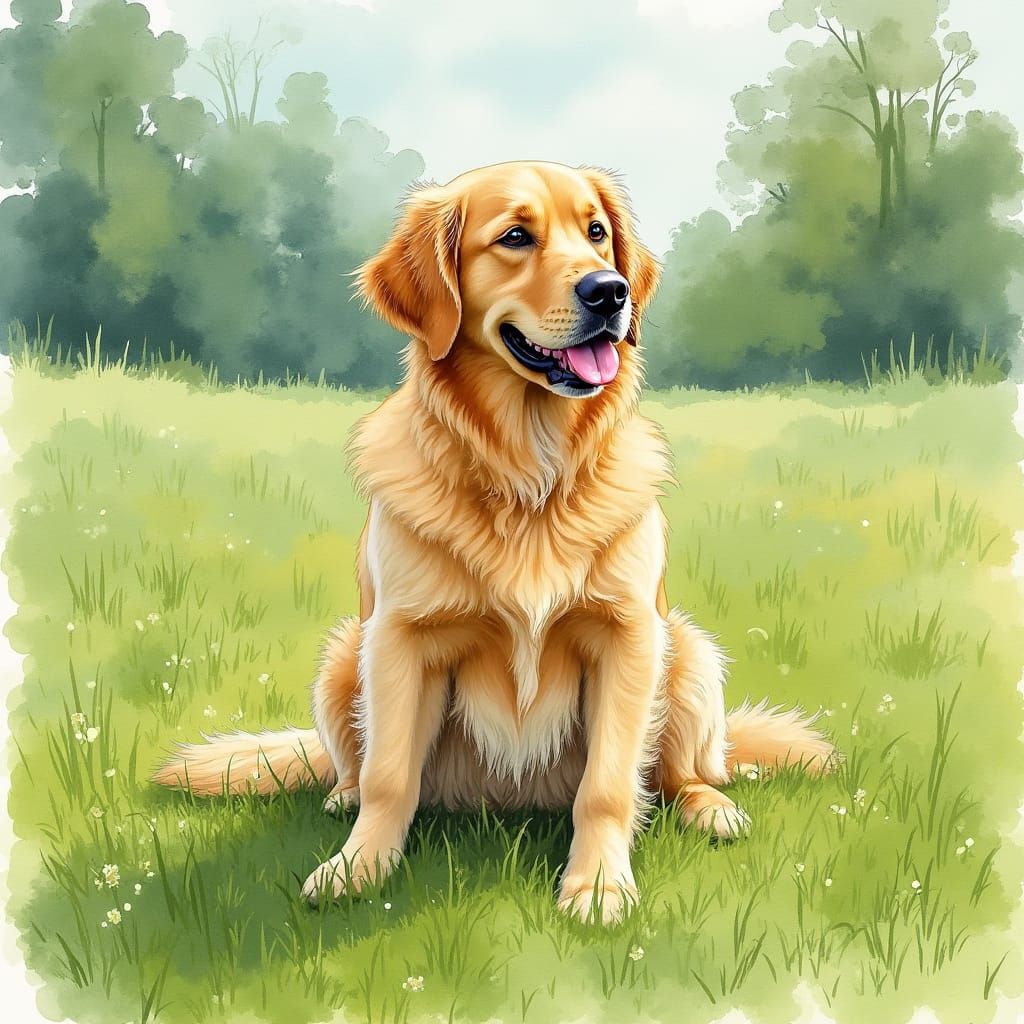 Golden Retriever in Meadow, Expressive Watercolor Painting
