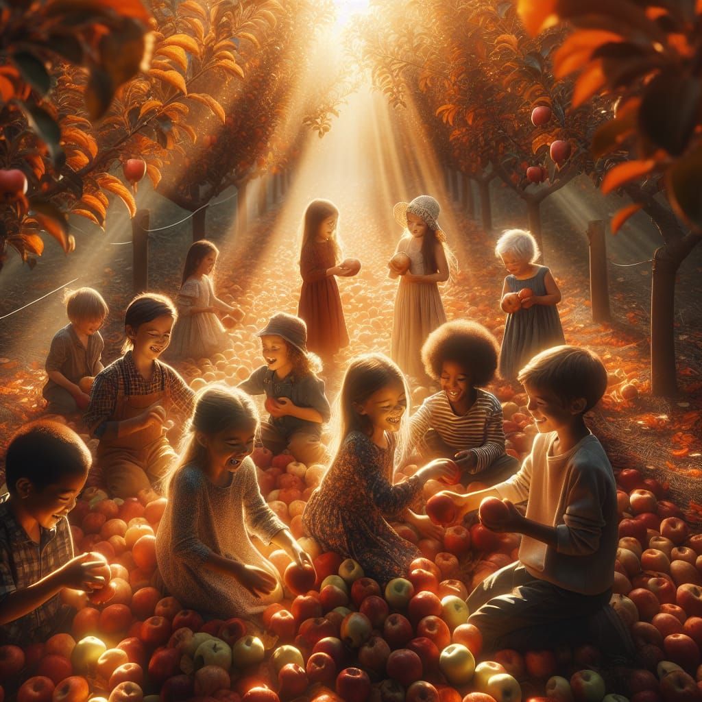 Children Joyfully Picking Apples in a Sunlit Orchard