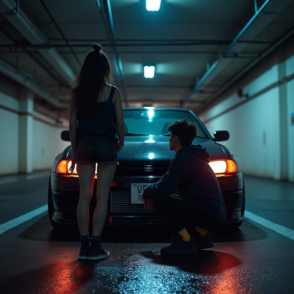 Y2K Couple in Tokyo Car Park at Night