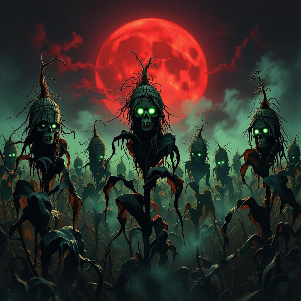 Skeletal Corn Cobs Under Blood Moon