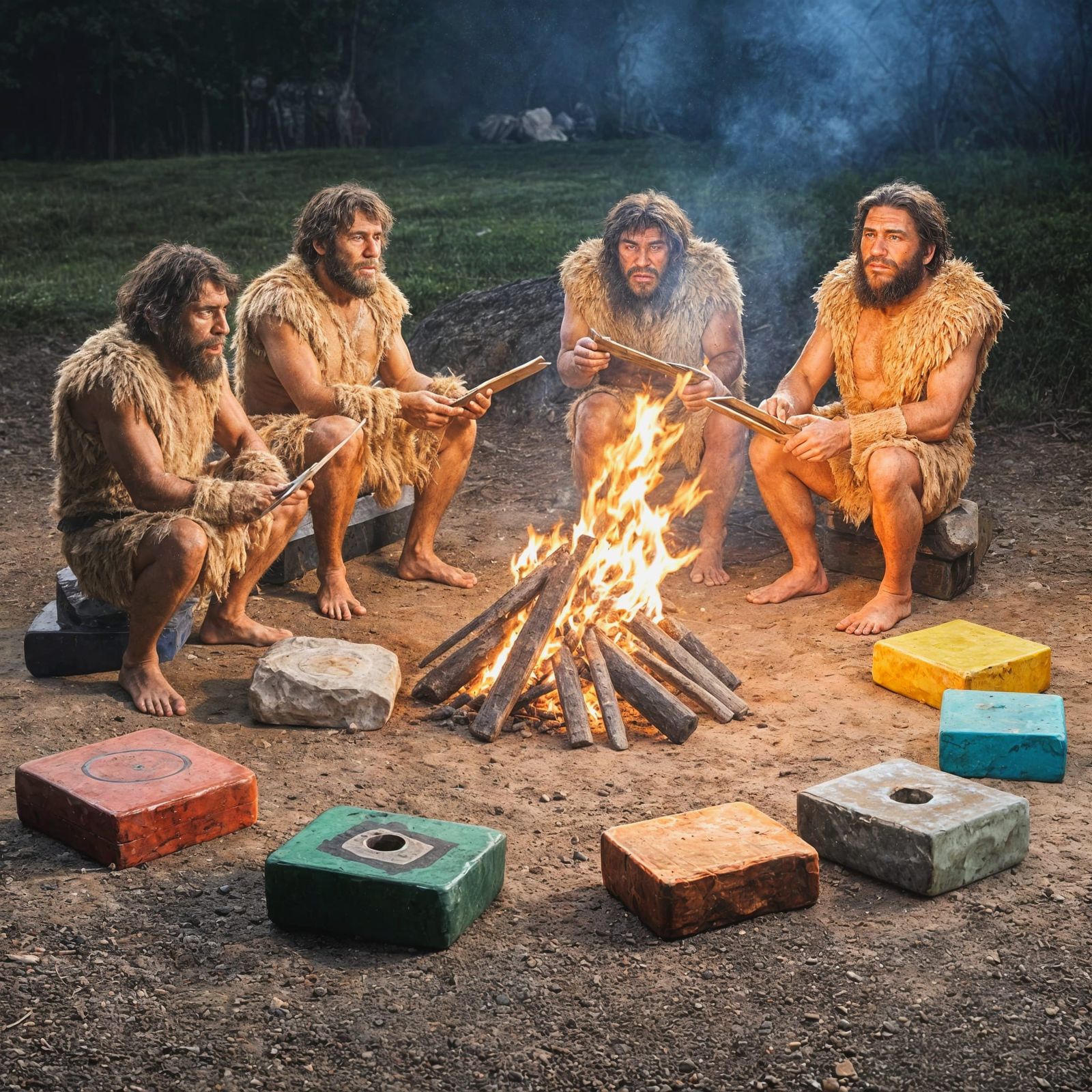 Ancient Cavemen Discuss Vibrant Wheel Designs Around Campfir...