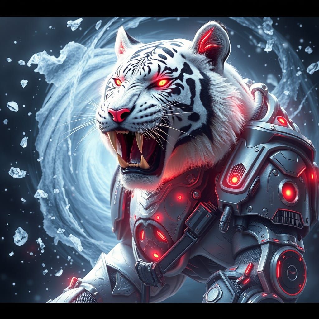 Majestic White Tiger in Exquisite Armor with Laser Eyes